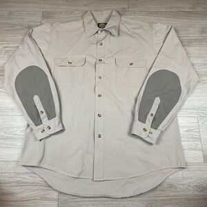 Vintage 90s Cabelas Beige Long Sleeve Button Up Arm Patches Canvas Cotton Sz XL